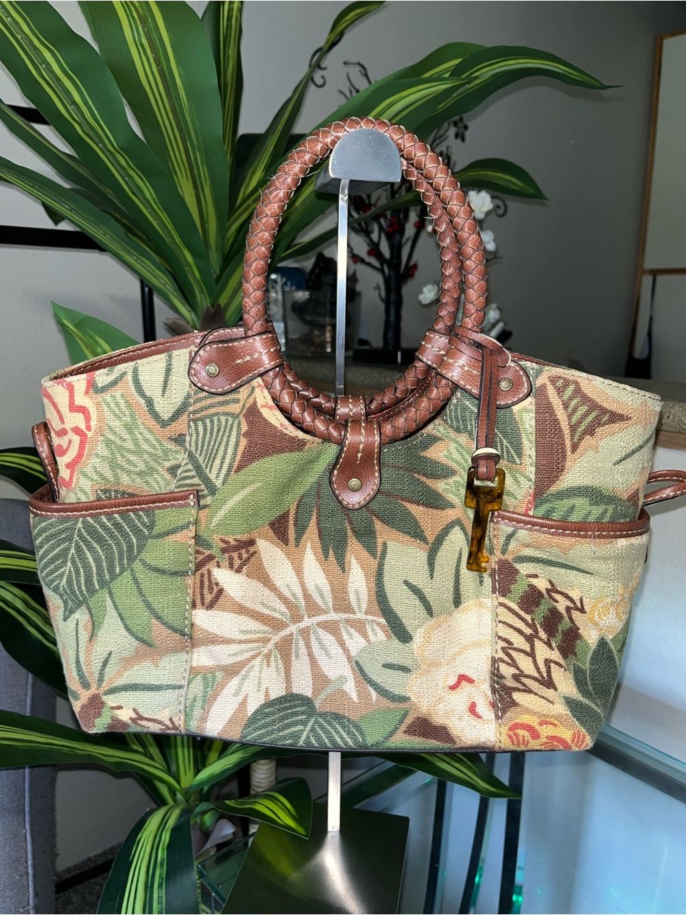 Fossil Tropical Print Tote Bag with Braided Handles
